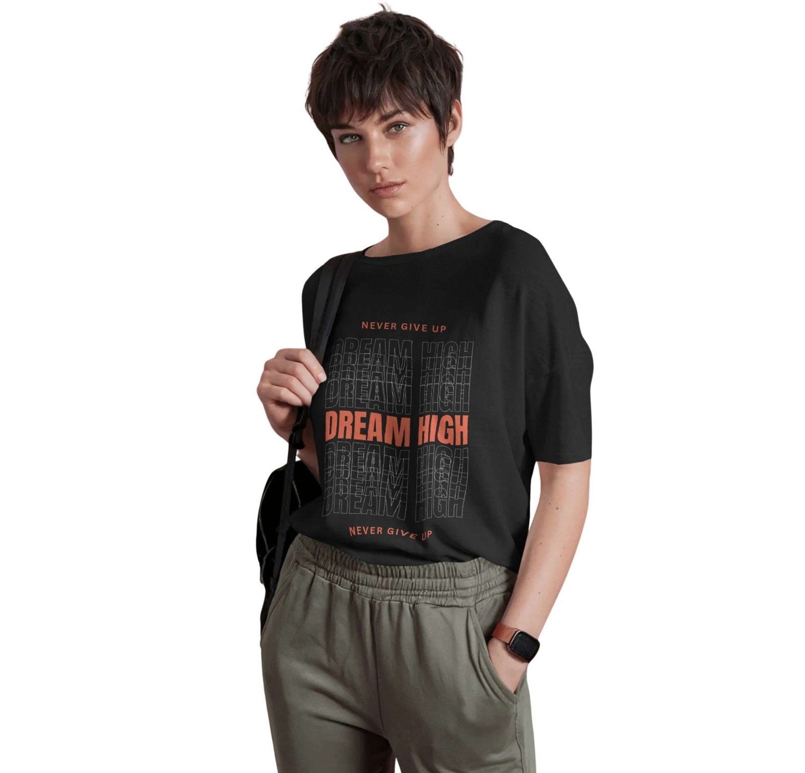 Funtee Dream High Motivational Unisex Imported T-Shirt | Never Give Up Graphic Print | Black