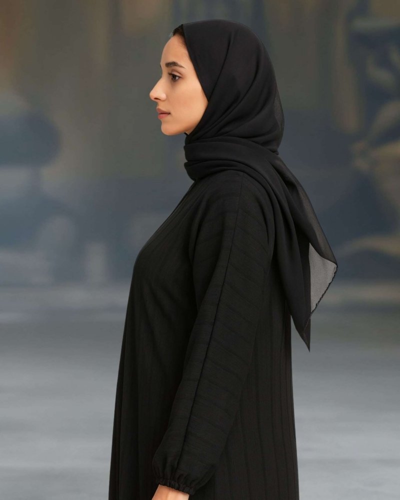 Rinezza Black Abaya with Self Design Pattern | Full Sleeve Elastic | Large Size 56 Length | Free Black Dupatta