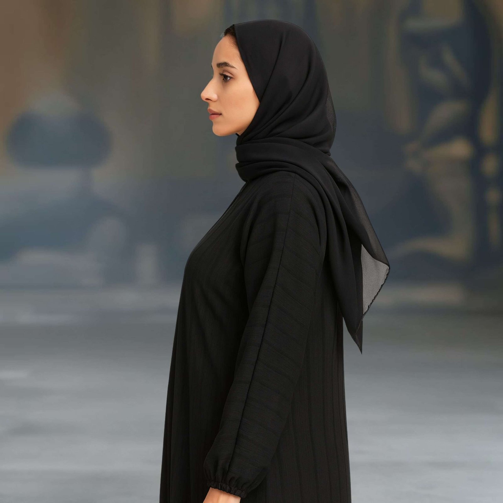 Rinezza Black Abaya with Self Design Pattern | Full Sleeve Elastic | Large Size 56 Length | Free Black Dupatta - Image 5