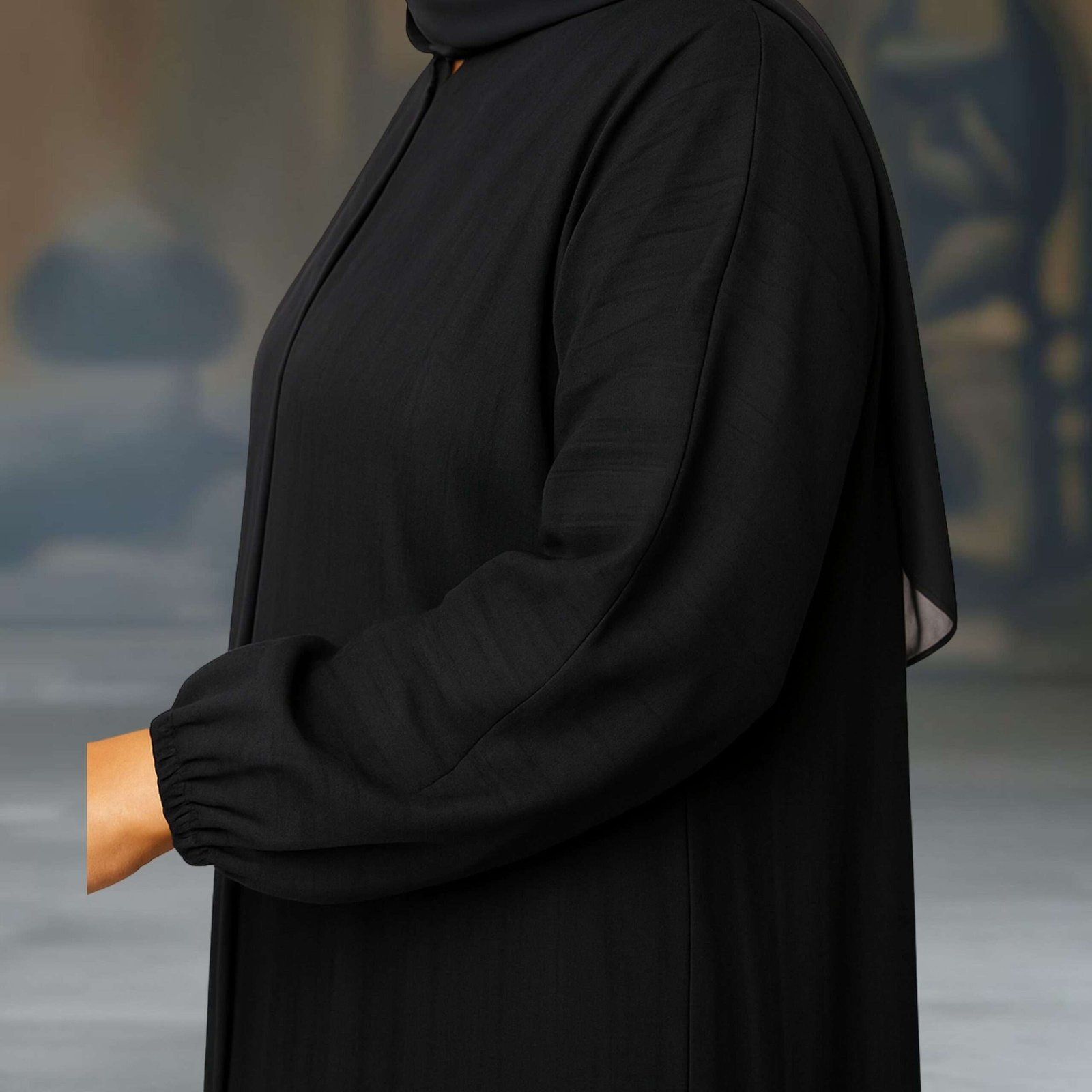 Rinezza Black Abaya with Self Design Pattern | Full Sleeve Elastic | Large Size 56 Length | Free Black Dupatta - Image 4