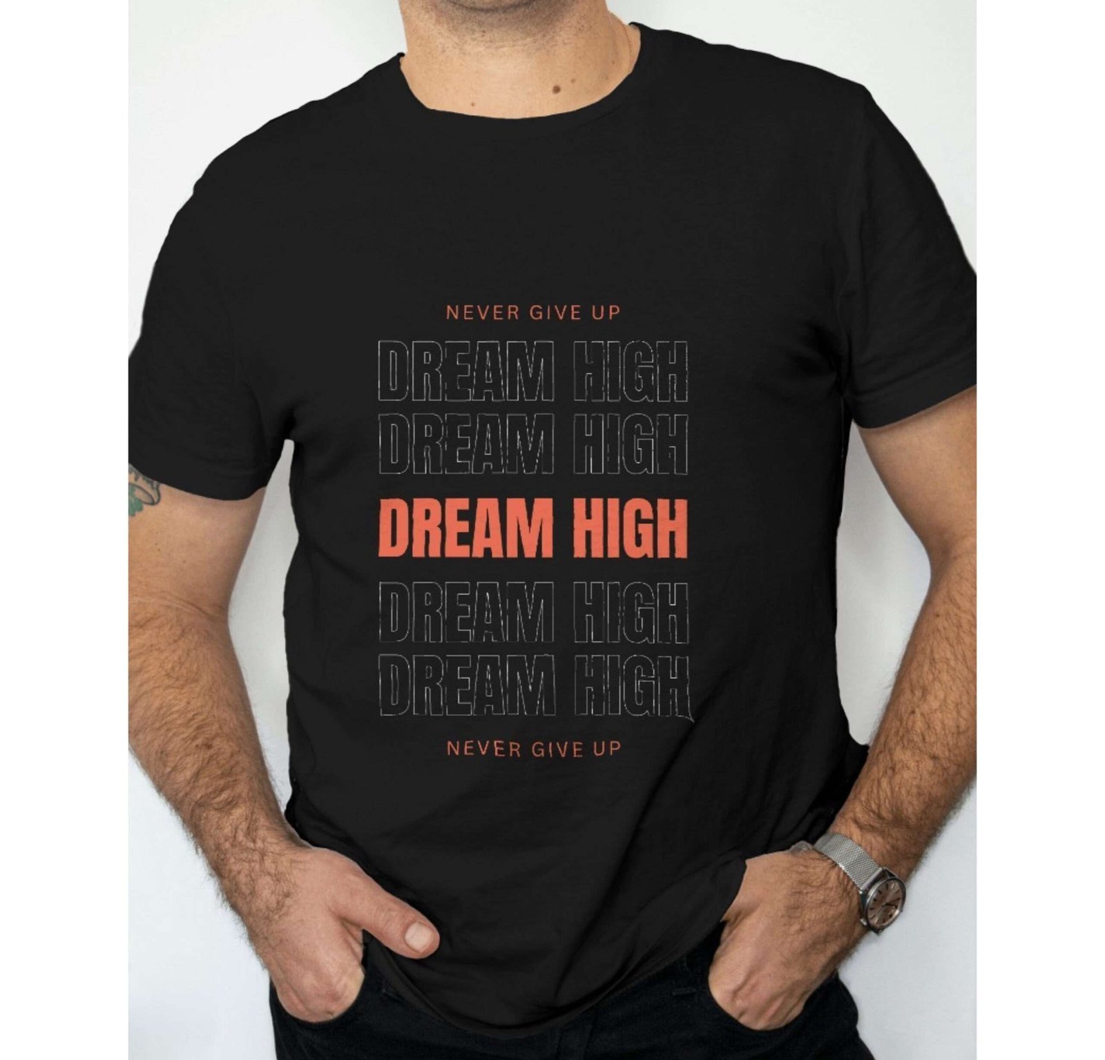 Funtee Dream High Motivational Unisex Imported T-Shirt | Never Give Up Graphic Print | Black - Image 2