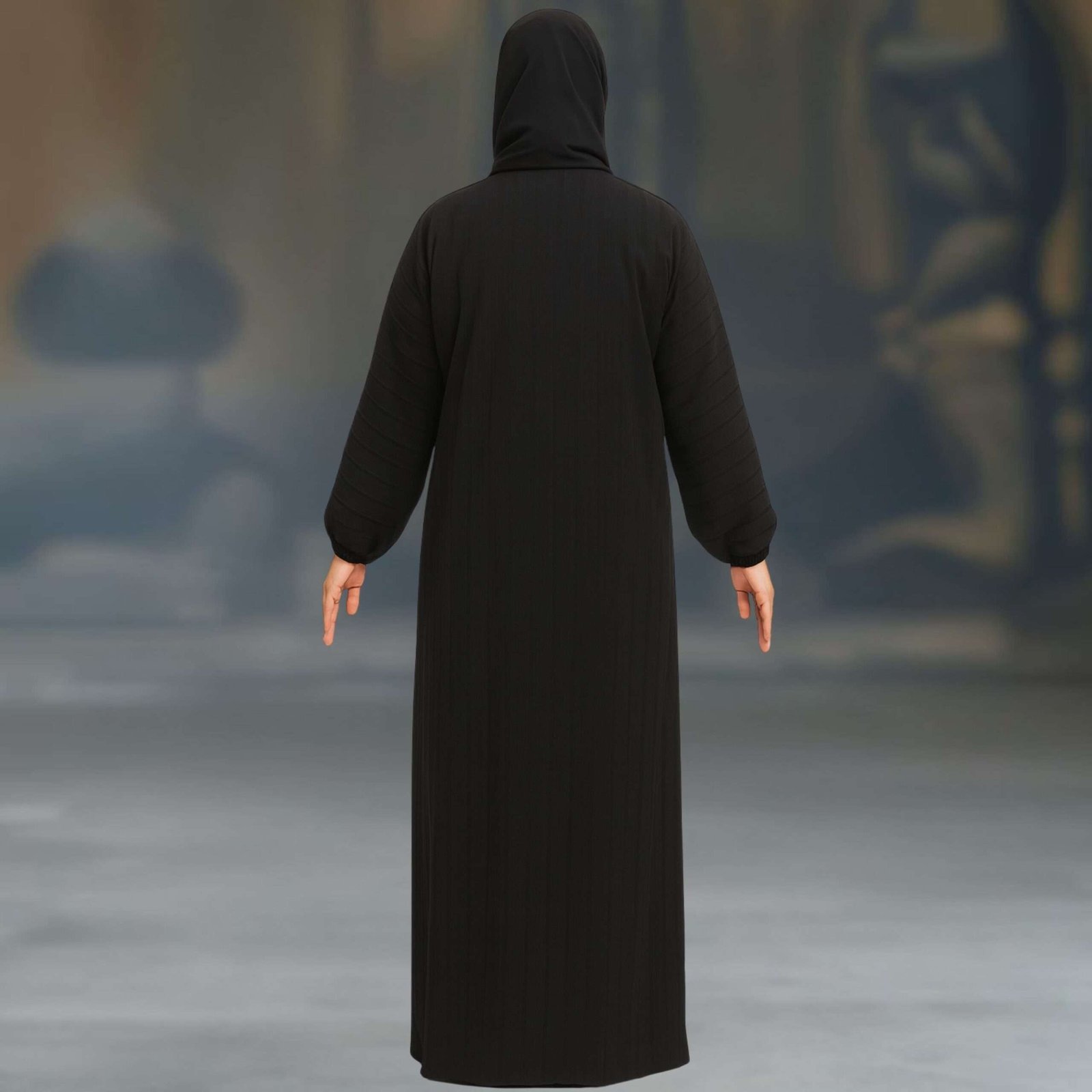 Rinezza Black Abaya with Self Design Pattern | Full Sleeve Elastic | Large Size 56 Length | Free Black Dupatta - Image 3