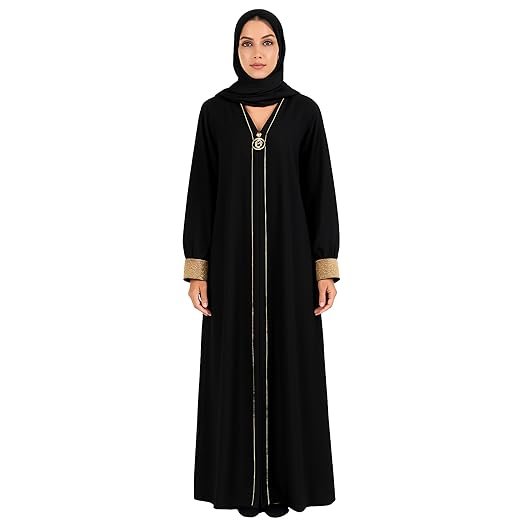 Rinezza Modern Abaya with Gold Accents | Long Abaya | Embellished Cuffs | Decorative Pendant | with Black Plain Dupatta