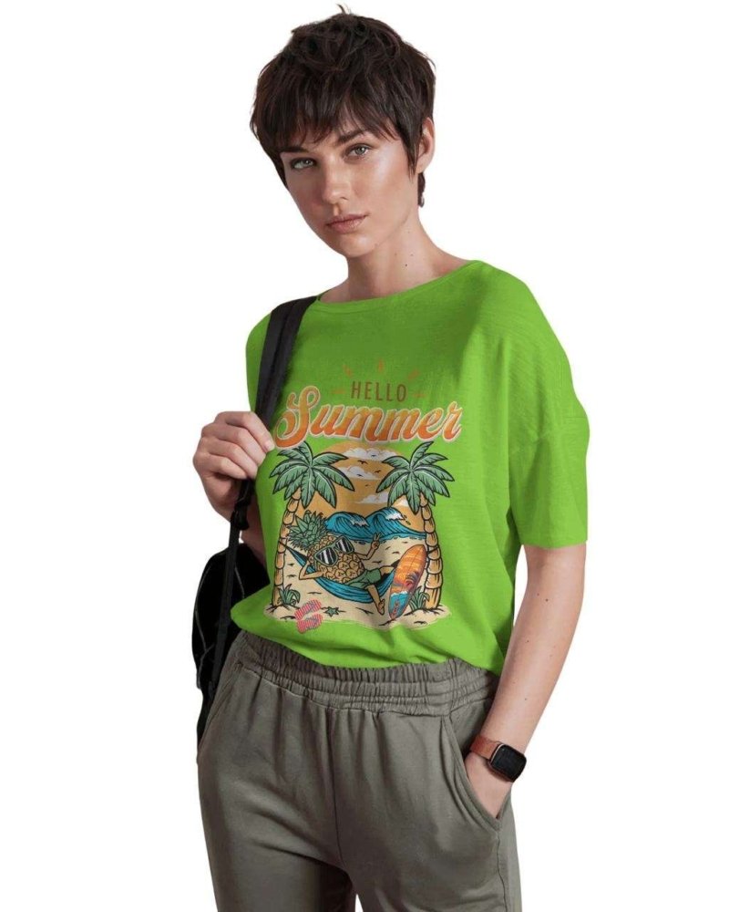 Funtee Hello Summer – Vibrant Green Graphic Imported T-Shirt for Men & Women