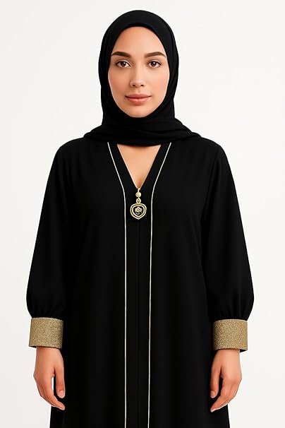 Rinezza Modern Abaya with Gold Accents | Long Abaya | Embellished Cuffs | Decorative Pendant | with Black Plain Dupatta