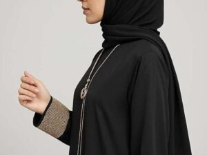Rinezza Modern Abaya with Gold Accents | Long Abaya | Embellished Cuffs | Decorative Pendant | with Black Plain Dupatta
