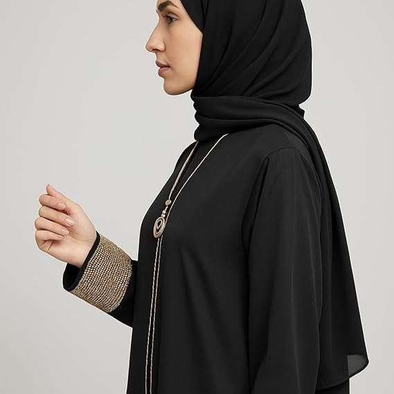 Rinezza Modern Abaya with Gold Accents | Long Abaya | Embellished Cuffs | Decorative Pendant | with Black Plain Dupatta - Image 3