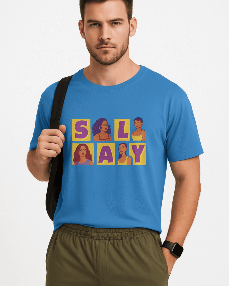 Funtee SALY Graphic Unisex Imported T-Shirt – Bold & Empowering Design Sky Blue