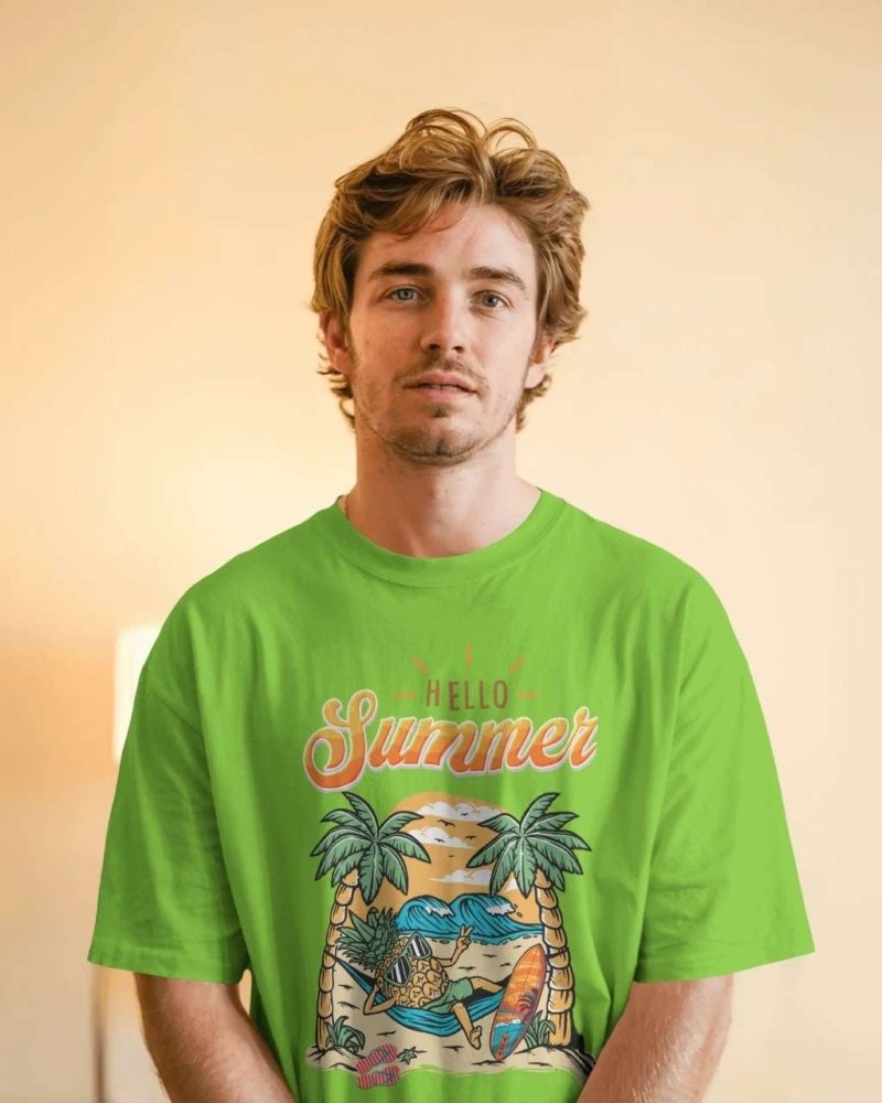 Funtee Hello Summer – Vibrant Green Graphic Imported T-Shirt for Men & Women