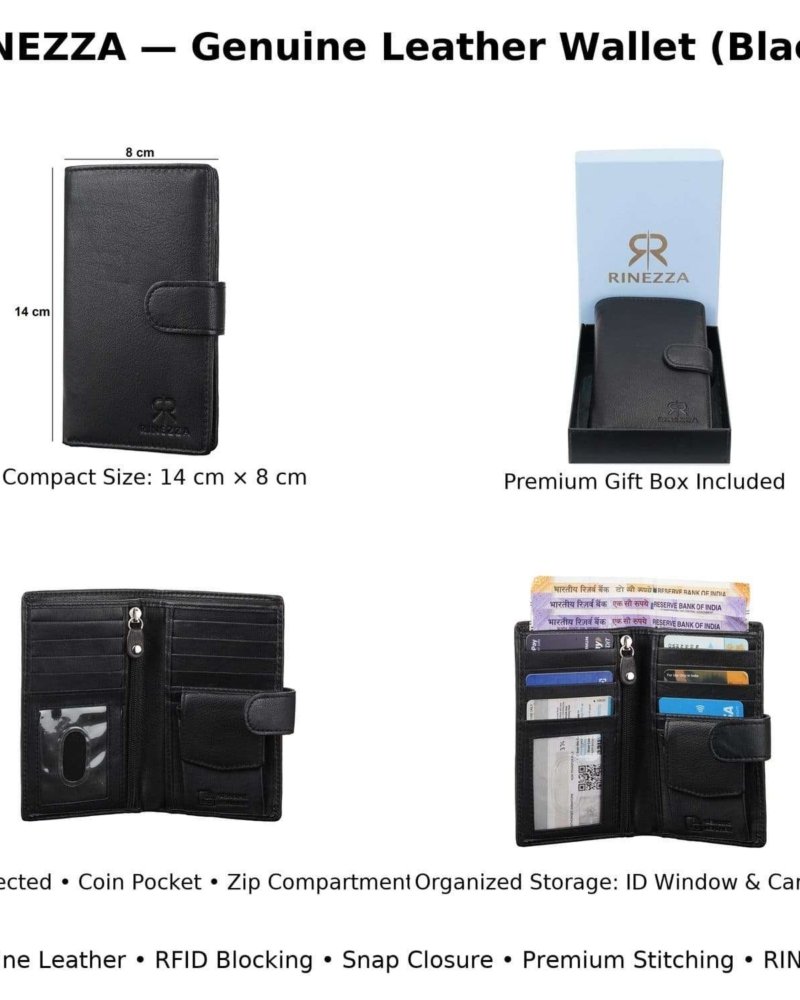 Rinezza Genuine Leather Long Wallet for Men & Women | 9 Card Slots | Currency Compartment | 1 ID Window | 1 Coin Pocket | Snap Closure | RFID Protected