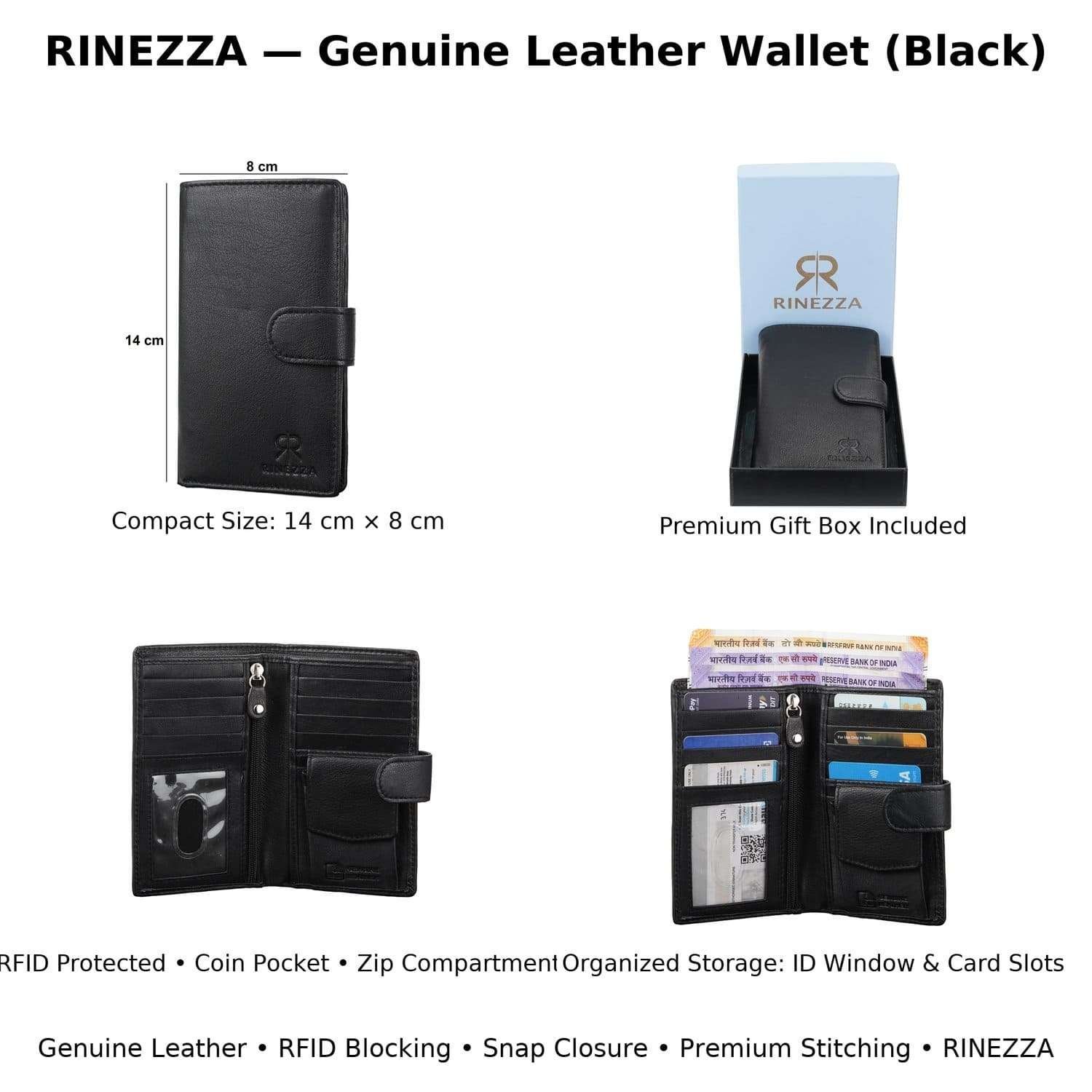 Rinezza Genuine Leather Long Wallet for Men & Women | 9 Card Slots | Currency Compartment | 1 ID Window | 1 Coin Pocket | Snap Closure | RFID Protected - Image 3