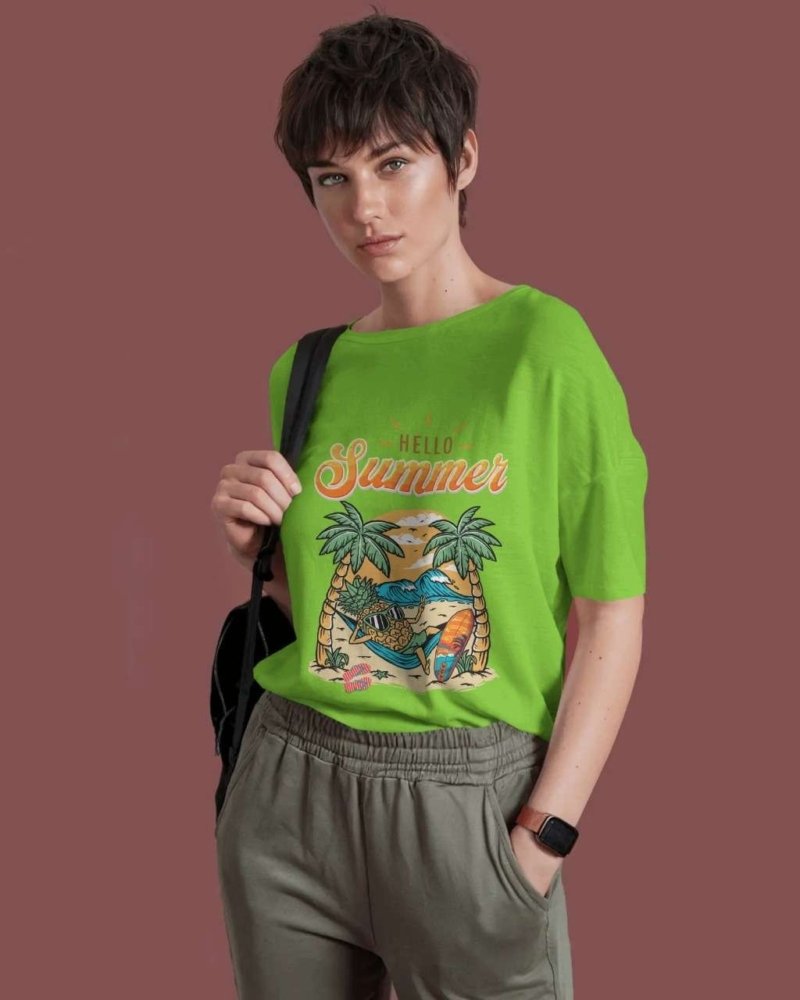 Funtee Hello Summer – Vibrant Green Graphic Imported T-Shirt for Men & Women
