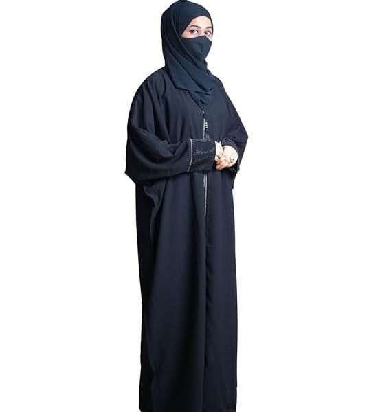 RINEZZA Elegant Black Abaya with Tassel Detail, Crystal Embellished Sleeves, Dubai Style, Free Size with Dupatta