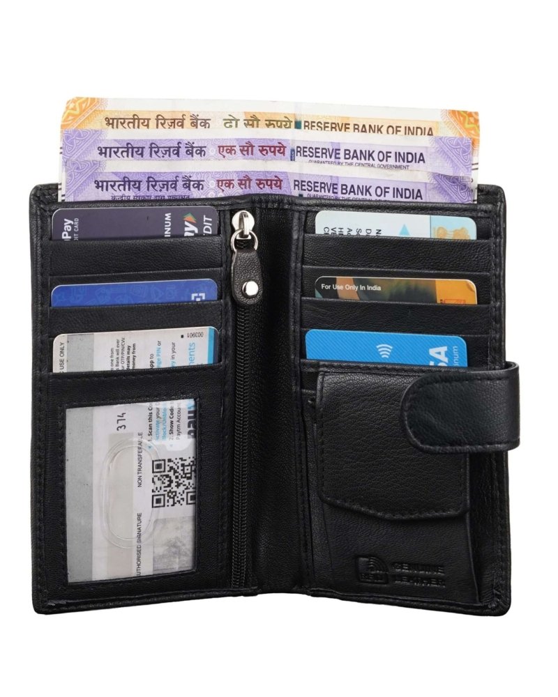 Rinezza Genuine Leather Long Wallet for Men & Women | 9 Card Slots | Currency Compartment | 1 ID Window | 1 Coin Pocket | Snap Closure | RFID Protected