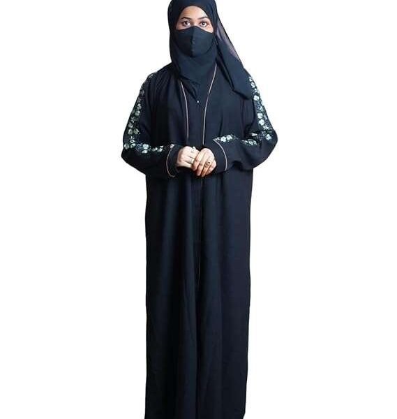 Rinezza Floral Green Sleeve Abaya, Black with Brown Piping, Full Length Islamic Dress Burkha, Free Size, with Dupatta