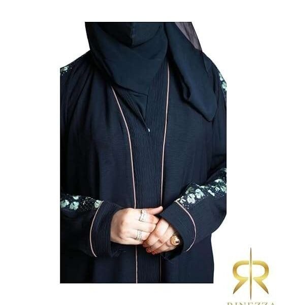 Rinezza Floral Green Sleeve Abaya, Black with Brown Piping, Full Length Islamic Dress Burkha, Free Size, with Dupatta