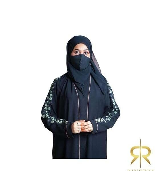 Rinezza Floral Green Sleeve Abaya, Black with Brown Piping, Full Length Islamic Dress Burkha, Free Size, with Dupatta