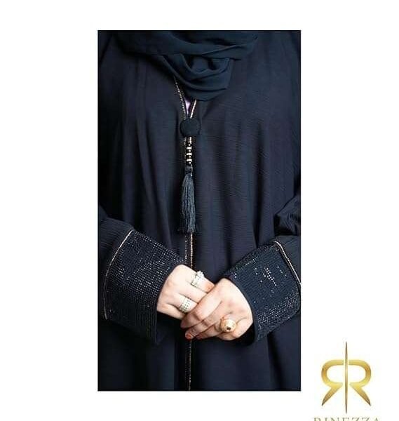 RINEZZA Elegant Black Abaya with Tassel Detail, Crystal Embellished Sleeves, Dubai Style, Free Size with Dupatta
