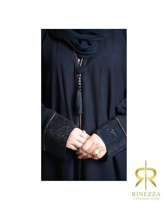 RINEZZA Elegant Black Abaya with Tassel Detail, Crystal Embellished Sleeves, Dubai Style, Free Size with Dupatta - Image 4