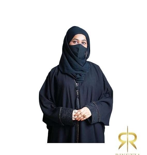RINEZZA Elegant Black Abaya with Tassel Detail, Crystal Embellished Sleeves, Dubai Style, Free Size with Dupatta
