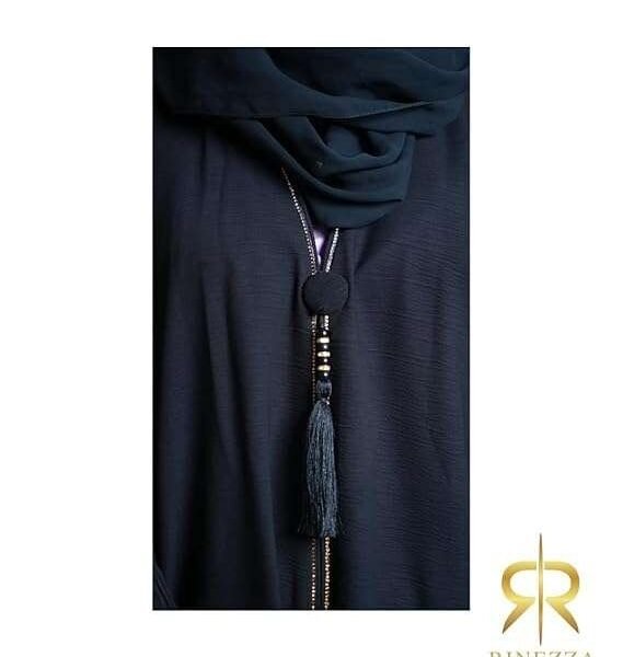 RINEZZA Elegant Black Abaya with Tassel Detail, Crystal Embellished Sleeves, Dubai Style, Free Size with Dupatta