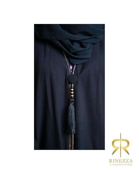 RINEZZA Elegant Black Abaya with Tassel Detail, Crystal Embellished Sleeves, Dubai Style, Free Size with Dupatta - Image 5