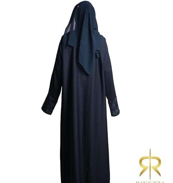 RINEZZA Elegant Black Abaya, Dubai Style, Embellished Sleeves with Crystal Details, Full Length Islamic Burkha with Dupatta, Free Size