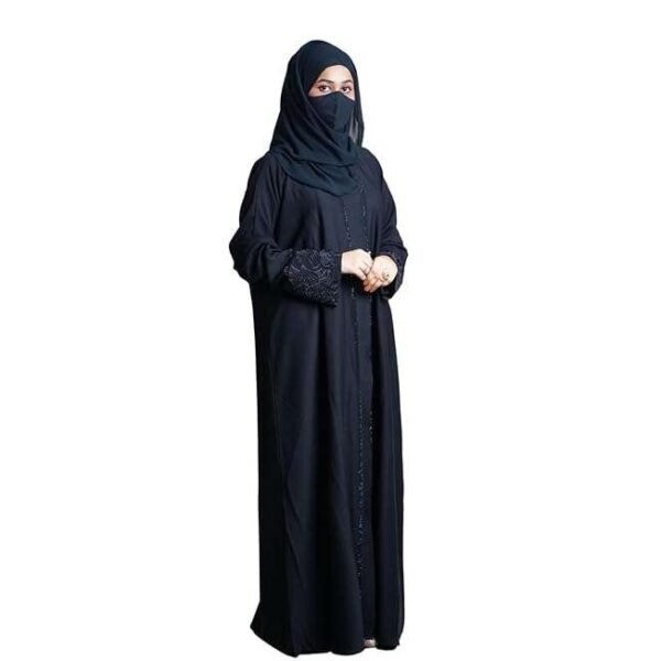 RINEZZA Elegant Black Abaya, Dubai Style, Embellished Sleeves with Crystal Details, Full Length Islamic Burkha with Dupatta, Free Size