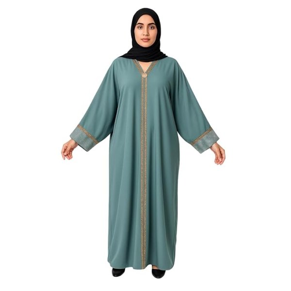Rinezza Women's Kaftan Full Length Abaya One Size | Free Size | with Gold Embellishments on Sleeves | Islamic Wear | Free Dupatta