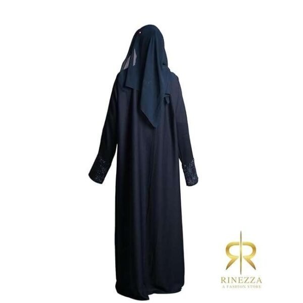 RINEZZA Elegant Black Abaya, Dubai Style, Embellished Sleeves with Crystal Details, Full Length Islamic Burkha with Dupatta, Free Size