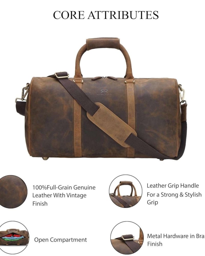 Rinezza Vintage Leather Duffle Bag | Rustic Dark Brown | Travel Weekender Bag with Shoulder Strap | Stylish Duffle for Gym | Business & Adventure |