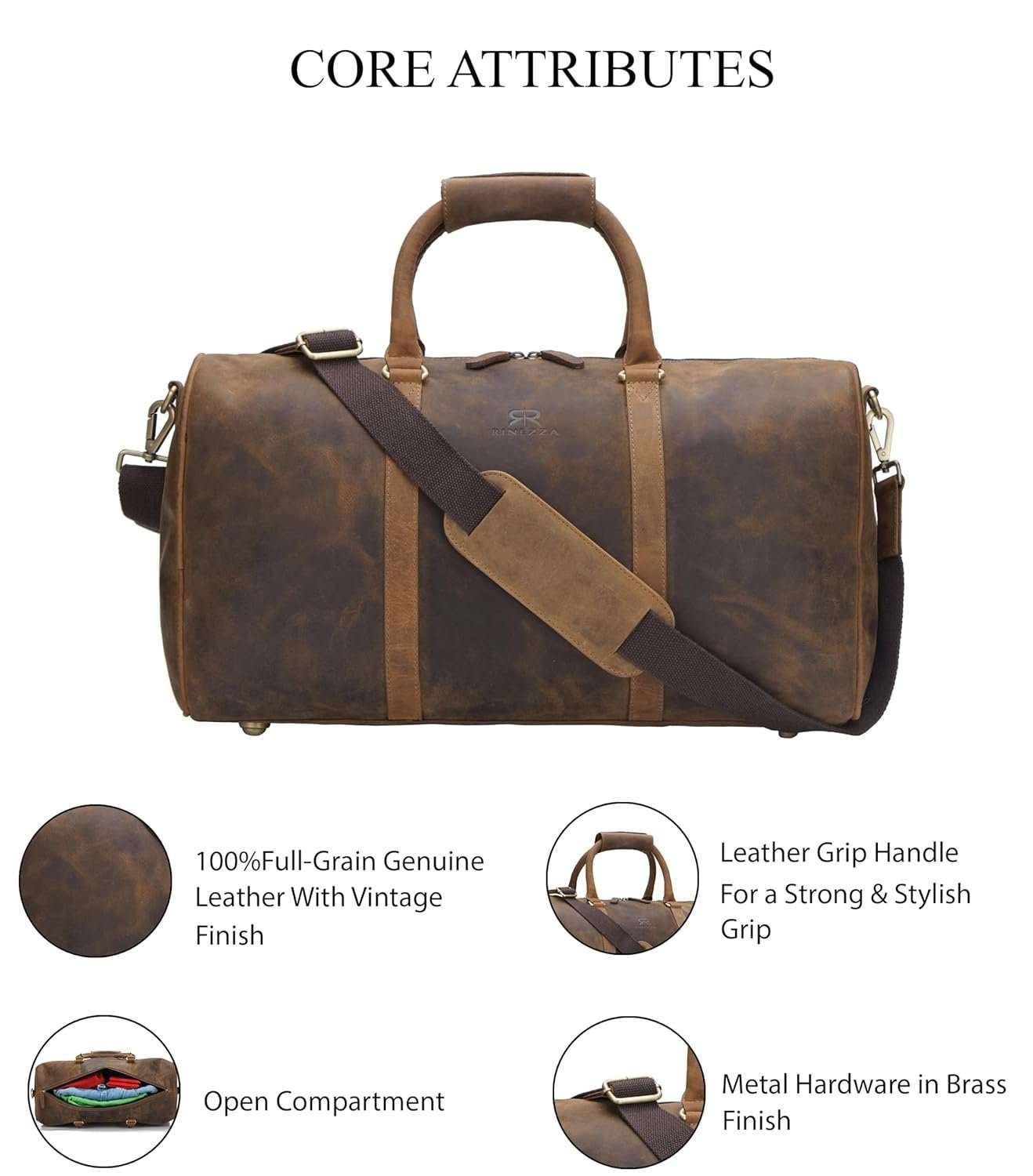 Rinezza Vintage Leather Duffle Bag | Rustic Dark Brown | Travel Weekender Bag with Shoulder Strap | Stylish Duffle for Gym | Business & Adventure | - Image 2