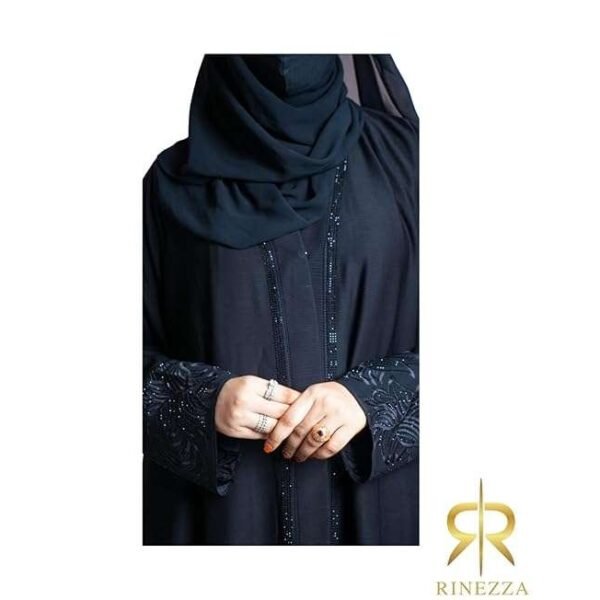 RINEZZA Elegant Black Abaya, Dubai Style, Embellished Sleeves with Crystal Details, Full Length Islamic Burkha with Dupatta, Free Size