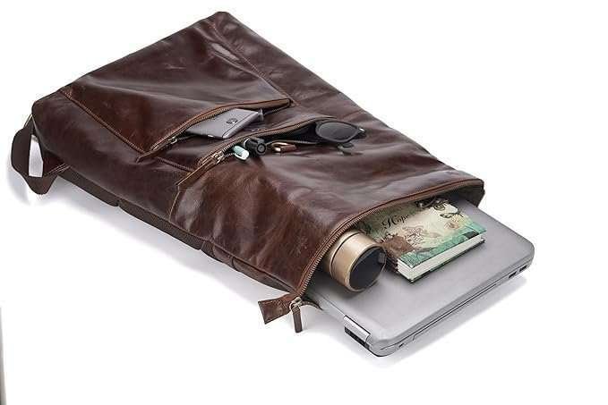 Rinezza Vintage Genuine Leather Backpack, Brown Oil Pull Up, Multiple Zippered Compartments with Laptop Pocket - Image 7