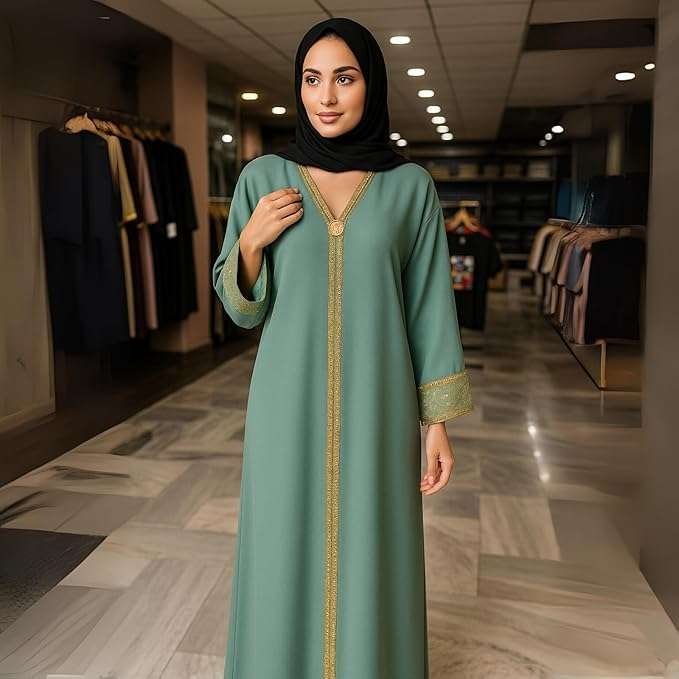 Rinezza Women's Kaftan Full Length Abaya One Size | Free Size | with Gold Embellishments on Sleeves | Islamic Wear | Free Dupatta - Image 3