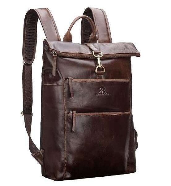 Rinezza Vintage Genuine Leather Backpack, Brown Oil Pull Up, Multiple Zippered Compartments with Laptop Pocket