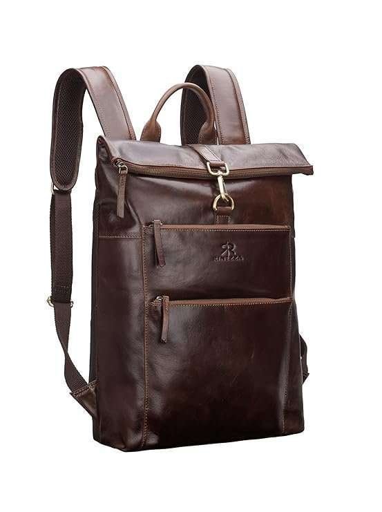 Rinezza Vintage Genuine Leather Backpack, Brown Oil Pull Up, Multiple Zippered Compartments with Laptop Pocket - Image 2