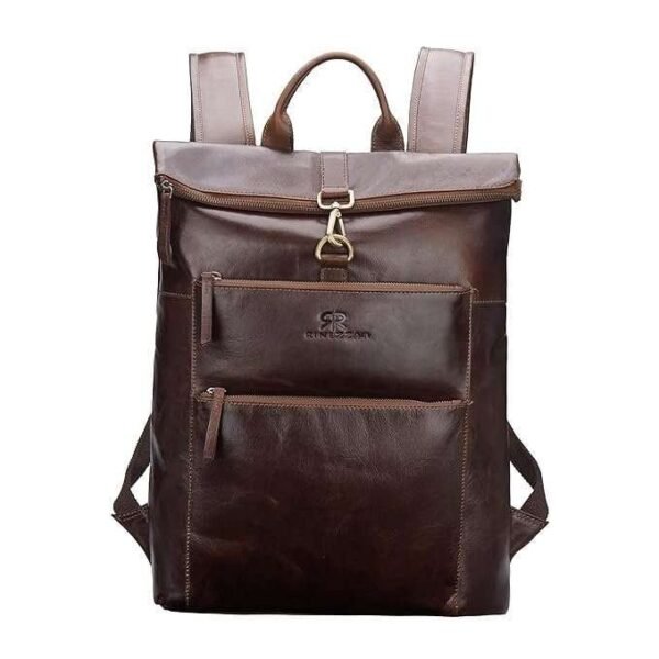 Rinezza Vintage Genuine Leather Backpack, Brown Oil Pull Up, Multiple Zippered Compartments with Laptop Pocket