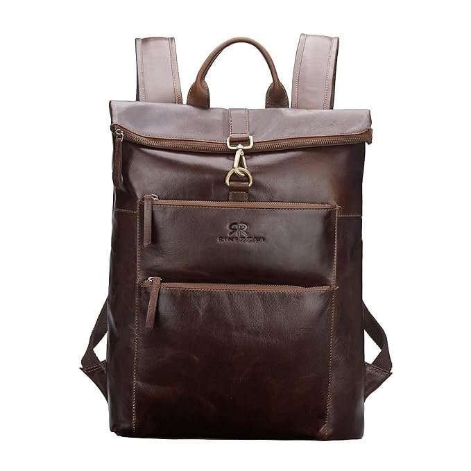 Rinezza Vintage Genuine Leather Backpack, Brown Oil Pull Up, Multiple Zippered Compartments with Laptop Pocket