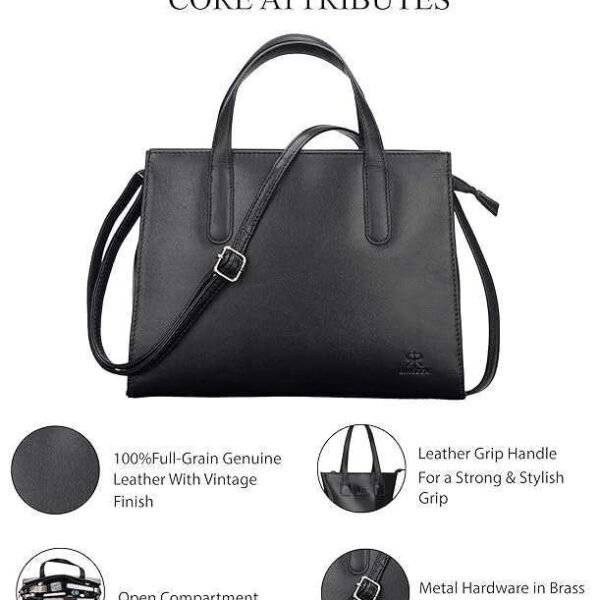 Rinezza Genuine Leather Satchel Handbag for Women, Satchel Bag for Work, Ladies Purse, Stylish Shoulder Bag, Black