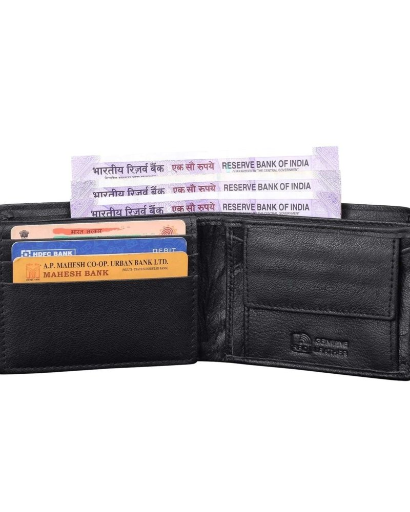 Rinezza Genuine Leather Men's Wallet, Black, Multi Card Slots with ID Window, RFID Protected