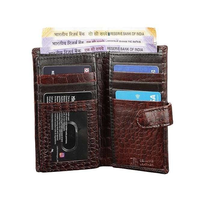 Rinezza Genuine Leather Long Wallet for Men & Women | Slim Card Holder | RFID Blocking | Croco Texture | 15 Card Slots | Button Closure | Travel Accessories - Image 3