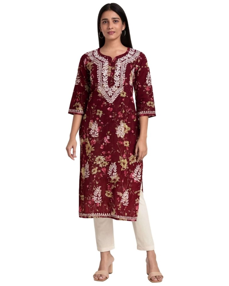 Rinezza Women's Embroidered Lucknowi Chikankari Kurti Cotton | Floral Print | 3/4 Sleeve | Kurta for Women Office Straight Cut