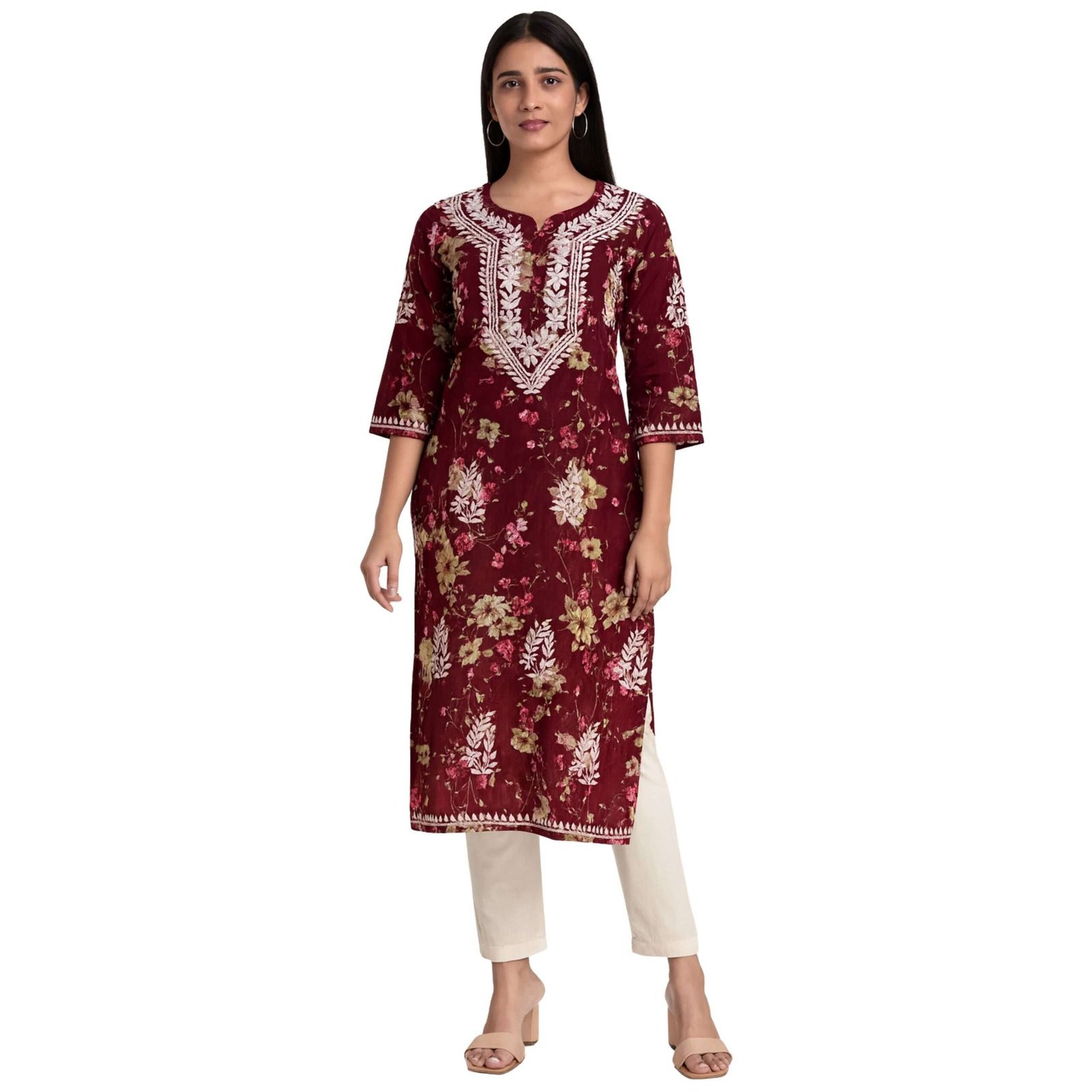 Rinezza Women's Embroidered Lucknowi Chikankari Kurti Cotton | Floral Print | 3/4 Sleeve | Kurta for Women Office Straight Cut