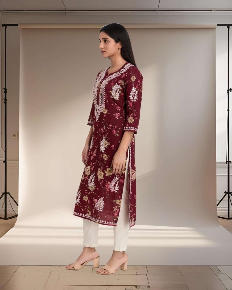 Rinezza Women's Embroidered Lucknowi Chikankari Kurti Cotton | Floral Print | 3/4 Sleeve | Kurta for Women Office Straight Cut