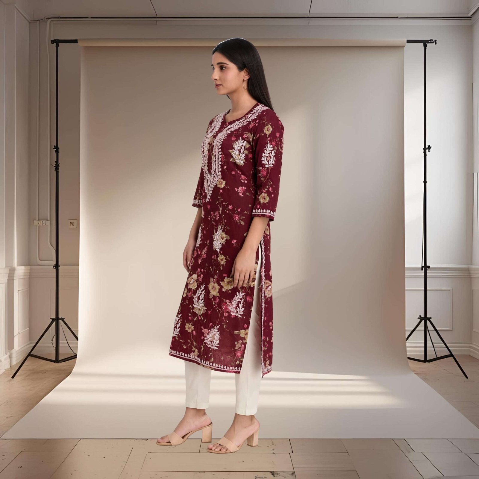 Rinezza Women's Embroidered Lucknowi Chikankari Kurti Cotton | Floral Print | 3/4 Sleeve | Kurta for Women Office Straight Cut - Image 2