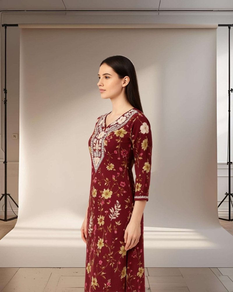 Rinezza Women's Embroidered Lucknowi Chikankari Kurti Cotton | Floral Print | 3/4 Sleeve | Kurta for Women Office Straight Cut