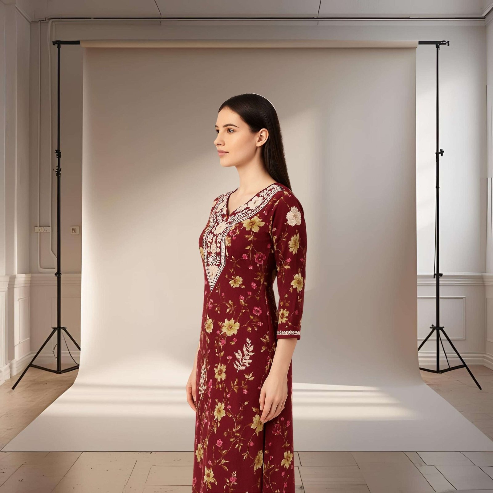 Rinezza Women's Embroidered Lucknowi Chikankari Kurti Cotton | Floral Print | 3/4 Sleeve | Kurta for Women Office Straight Cut - Image 3