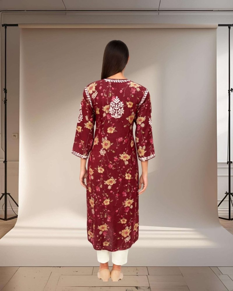 Rinezza Women's Embroidered Lucknowi Chikankari Kurti Cotton | Floral Print | 3/4 Sleeve | Kurta for Women Office Straight Cut