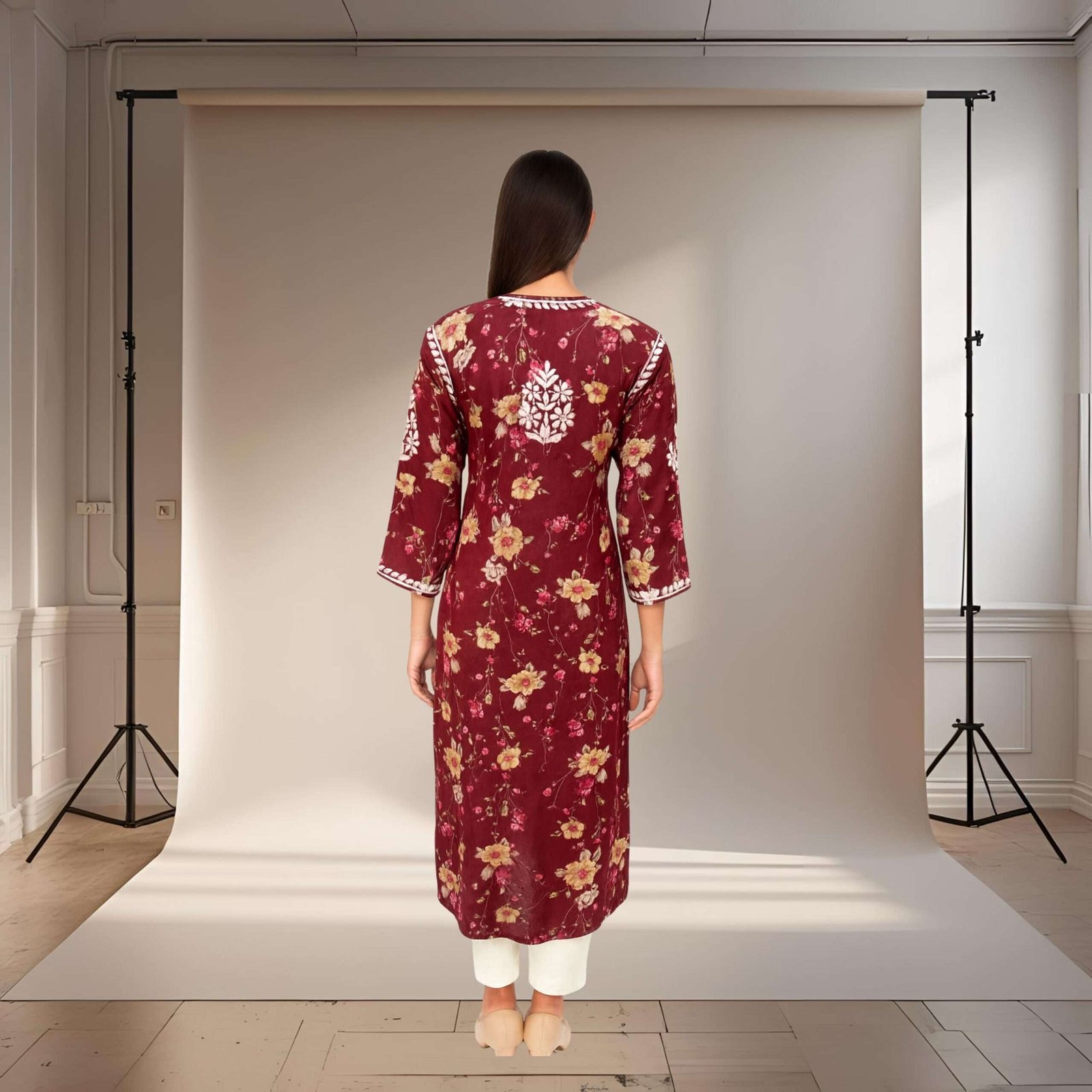 Rinezza Women's Embroidered Lucknowi Chikankari Kurti Cotton | Floral Print | 3/4 Sleeve | Kurta for Women Office Straight Cut - Image 4